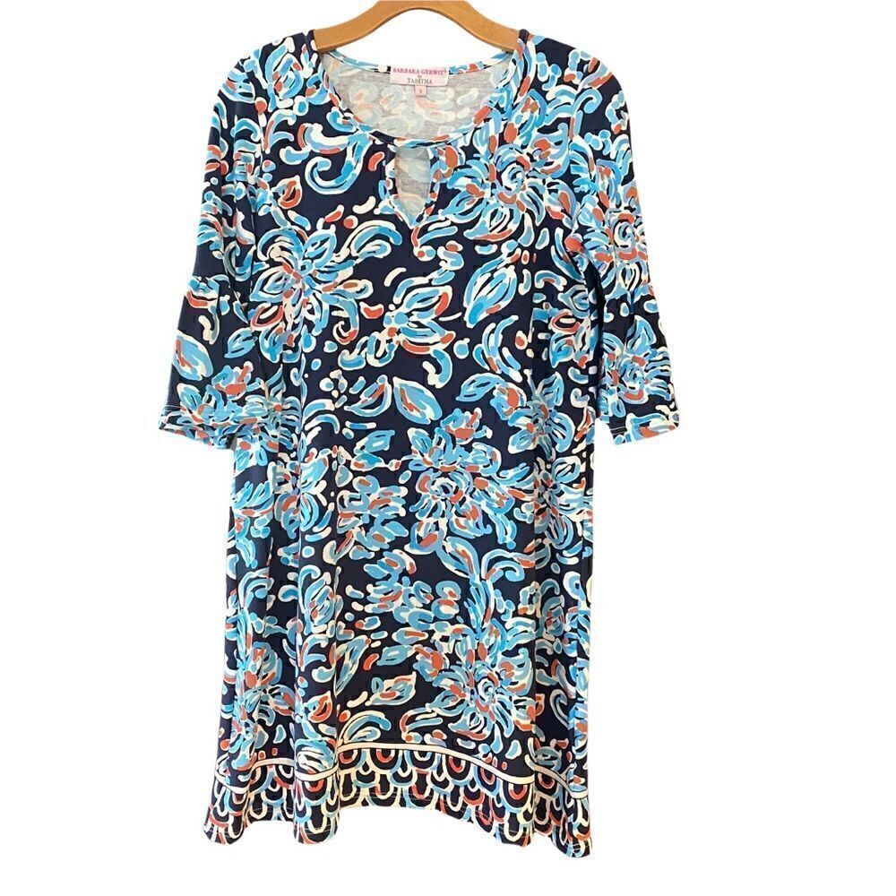 Barbara Gerwit NWT S Blue Floral Kiara Bell Sleeves Keyhole Shift Summer Dress